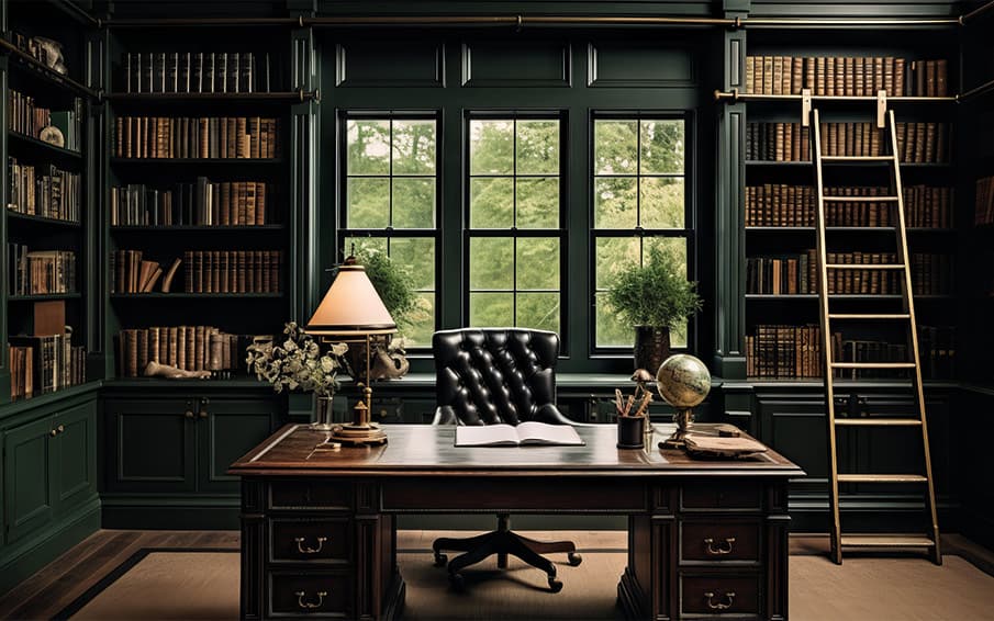 Dunkles Bürozimmer mit Bücherregalen an den Wänden und Holzschreibtisch in der Mitte 