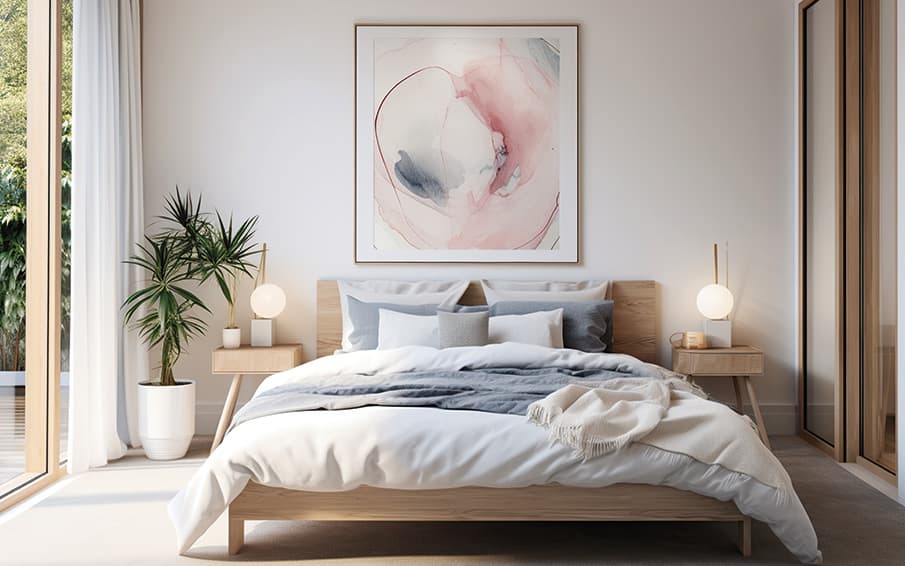 Schlafzimmer mit Bett in der Mitte und einer Pflanze in der linken Ecke 