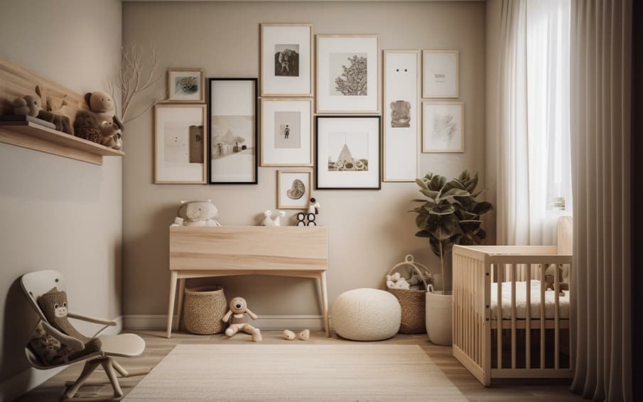 Kinderzimmer mit Bett, Wickeltisch, Teppich 