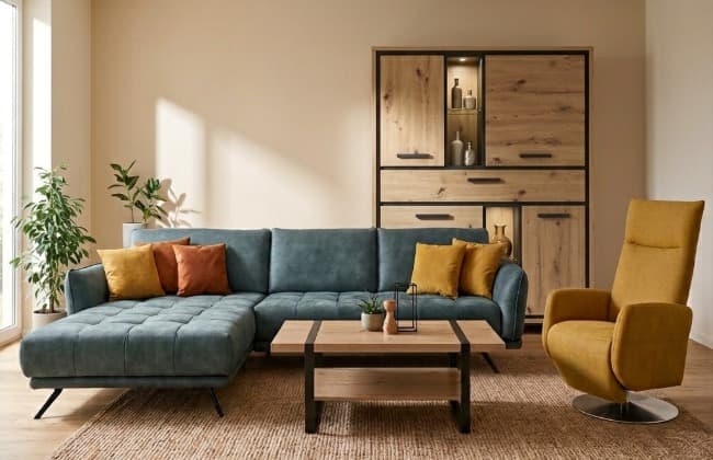 Ein modernes Wohnzimmer mit blauem Sofa, orangenem Sessel und hellen Farben an der Wand