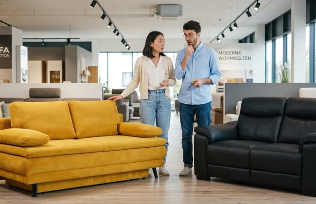 Junges paar steht neben zwei Sofas und überlegt welche Farbe oder welches Material besser ist