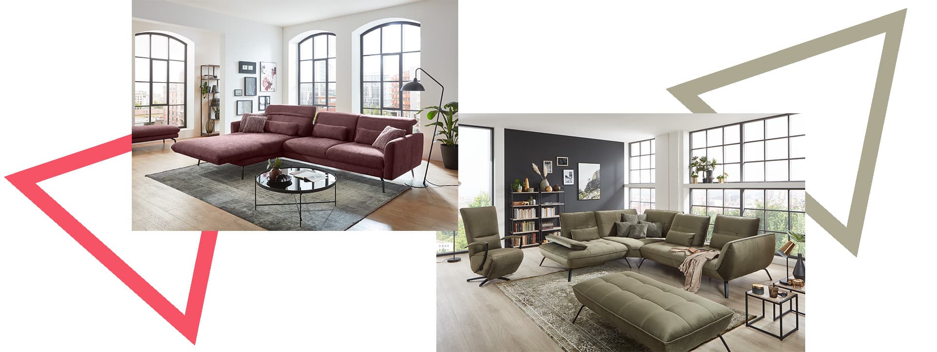 Die beiden Bilder zeigen zwei Sofas. Eins in Dunkelrot und eines in Grün. Umrahmt sind die Bilder mit zwei Dreiecken