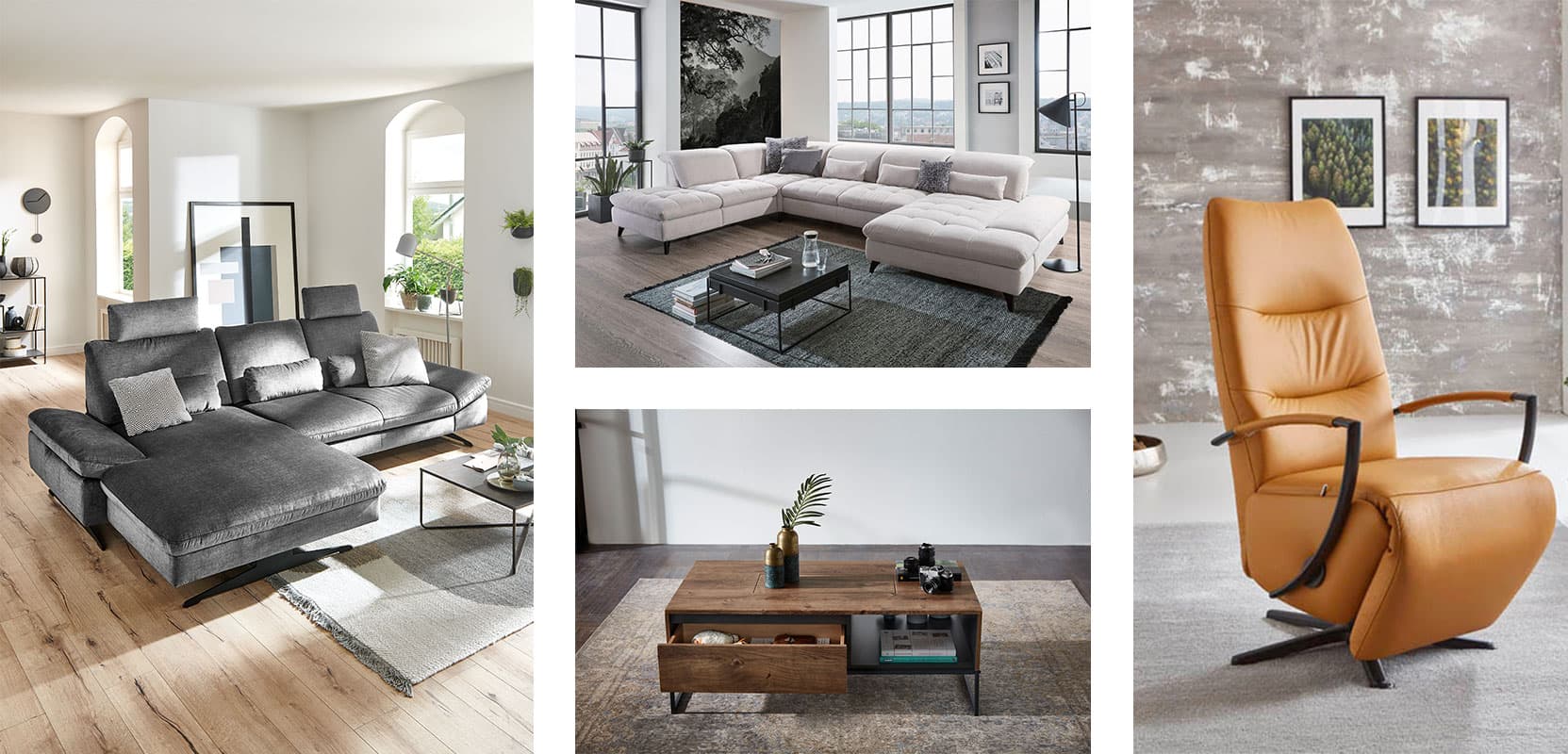 Insgesamt sind vier Bilder zu sehen. Zwei stellen Sofas dar, eins einen Sessel und das vierte einen Couchtisch