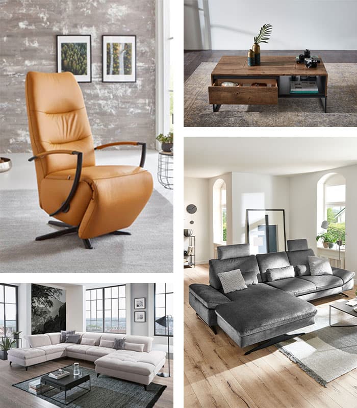 Insgesamt sind vier Bilder zu sehen. Zwei stellen Sofas dar, eins einen Sessel und das vierte einen Couchtisch