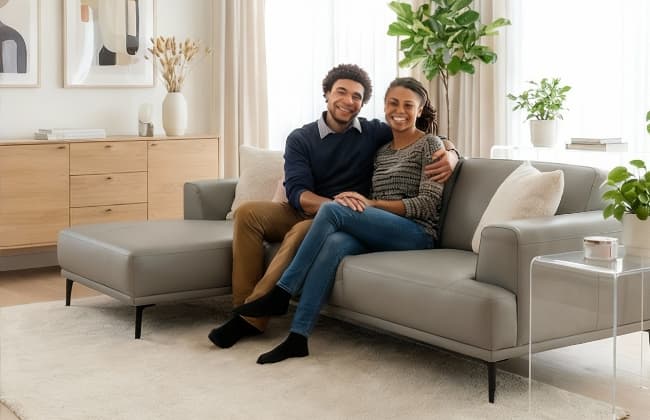 Ein Mann und eine Frau sitzen lächelnd auf einer grauen Couch
