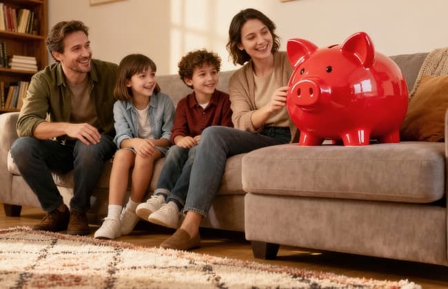 Eine junge Familie sitzt auf einem braunen Sofa. Auf der Ottomane steht ein großes, rotes Sparschwein
