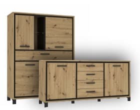 Highboard und Kommode aus Holz mit schwarzen Akzenten
