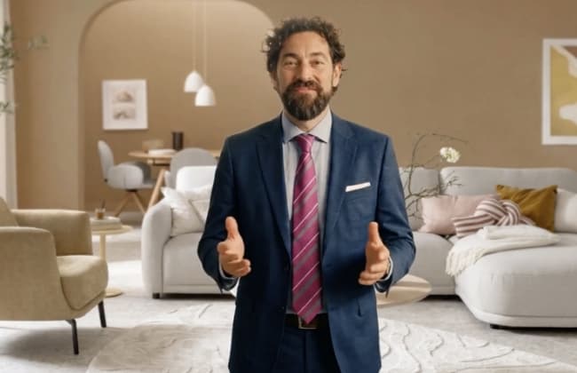 Ein Berater von Opti-Wohnwelt steht in einem modernen Wohnzimmer und spricht in die Kamera