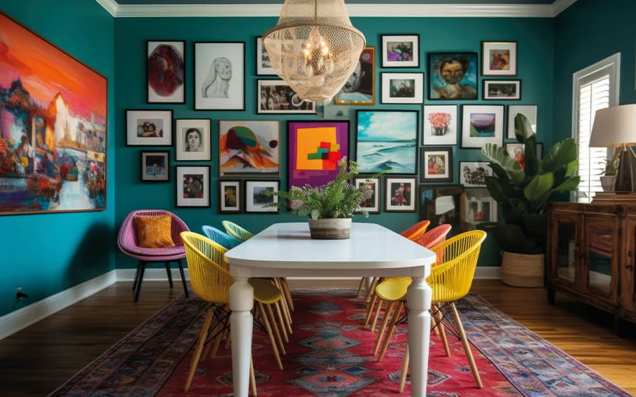 Ein buntes Esszimmer mit vielen Bildern im Hintergrund