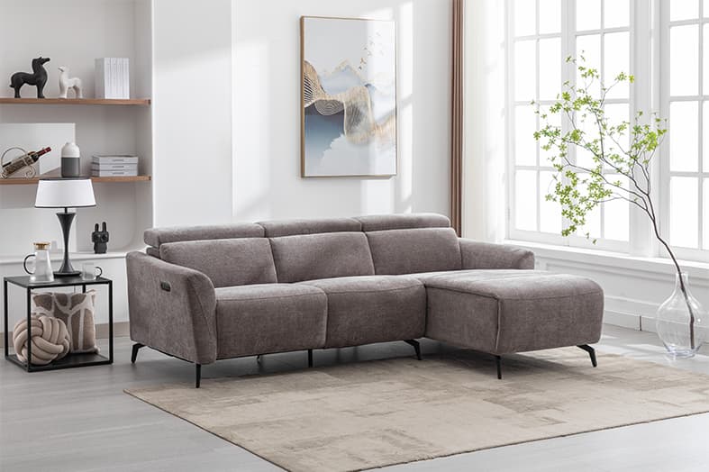 Ein graues Sofa von Opti-Living steht auf einem beigen Teppich. Im Hintergrund ist ein Bild, eine Pflanze und zwei Regale zu sehen