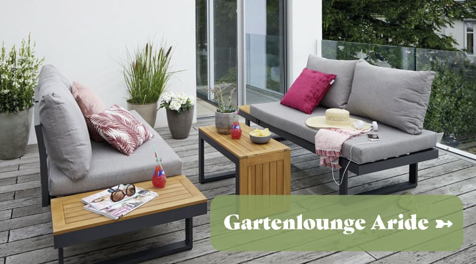 Gartenlounge Aride aus Metall und Holz mit grauem Sitzpolster