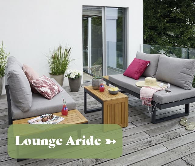 Gartenlounge Aride aus Metall und Holz mit grauem Sitzpolster