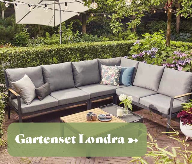 Gartenset Londra aus Metall und Holz mit grauem Sitzpolster