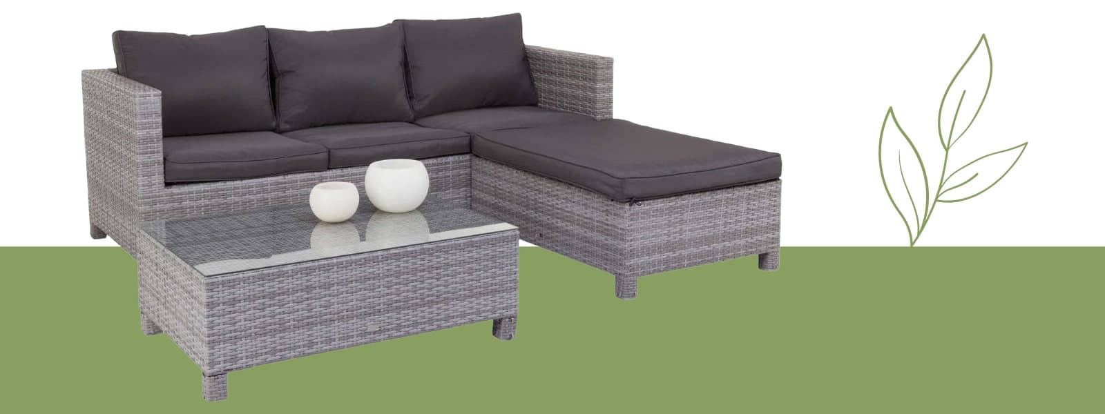 Gartenlounge Parma aus Holz und schwarzem Geflecht mit grauem Sitzpolster