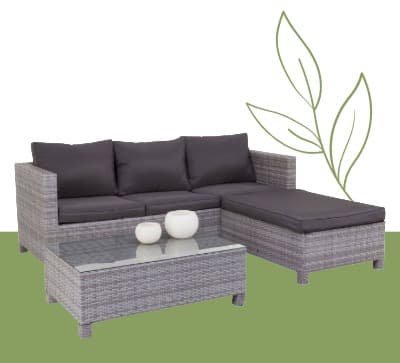 Gartenlounge Parma aus Holz und schwarzem Geflecht mit grauem Sitzpolster