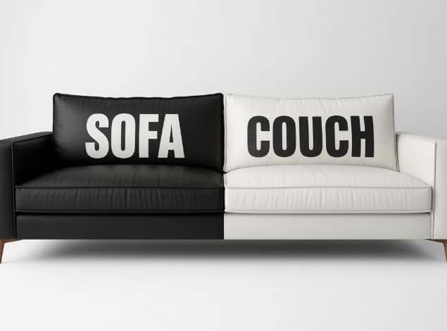 Ein Schwarz-Weiße Couch hat den Schriftzug "Sofa" und "Couch" auf der Rückenlehne