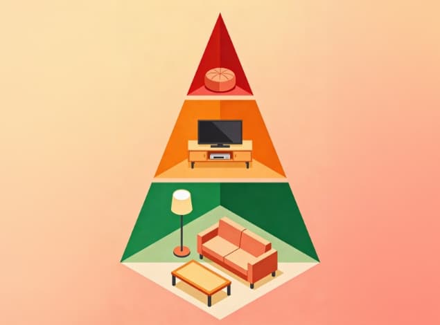 Eine Pyramide veranschaulicht, dass Sofa und Couchtisch das Fundament eines Wohnzimmers bilden. Darüber kommt ein Sideboard mit Fernseher und am Schluss ein Hocker