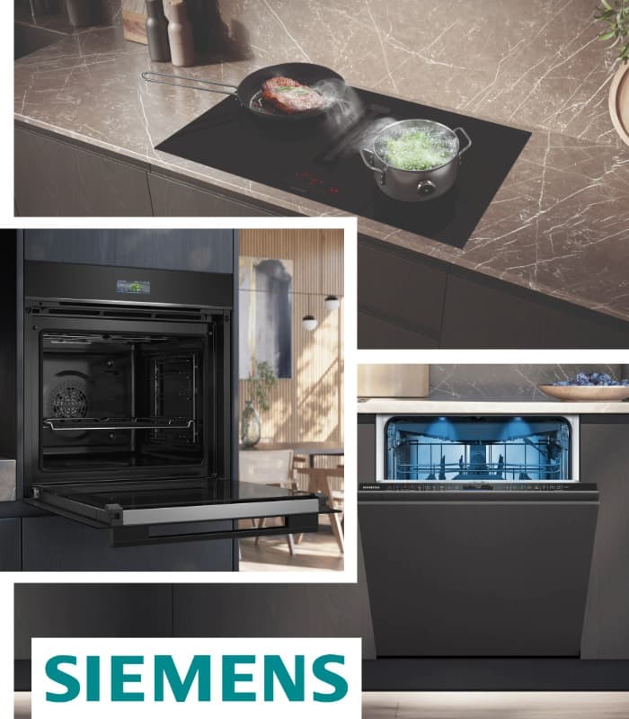 Eine Collage aus drei verschiedene Küchengeräten: Ein Backofen, ein Kochfeld und ein Geschirrspüler.