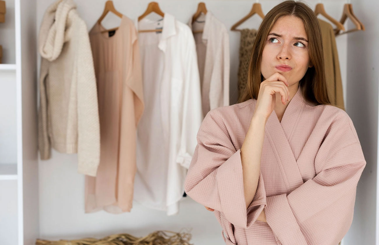 Woman thinking about wardrobe options