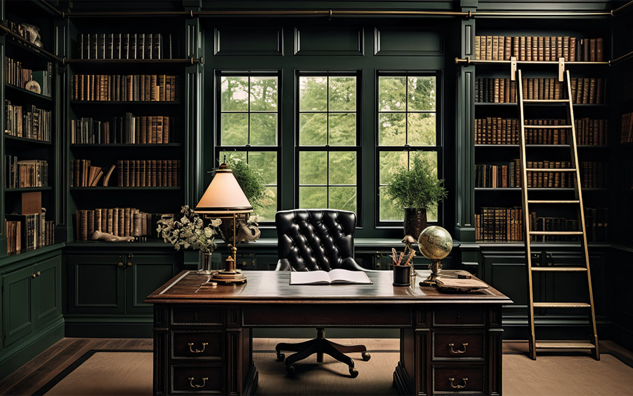 Dunkles Bürozimmer mit Bücherregalen an den Wänden und Holzschreibtisch in der Mitte