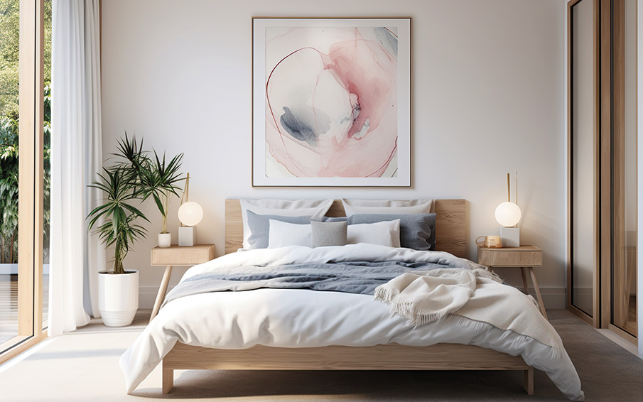 Schlafzimmer mit Bett in der Mitte und einer Pflanze in der linken Ecke